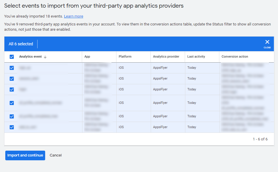 Google App Conversions Import setting