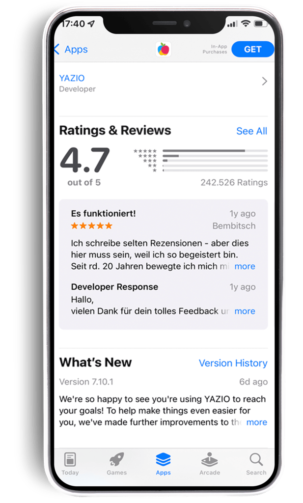 YAZIO google play store ratings and reviews