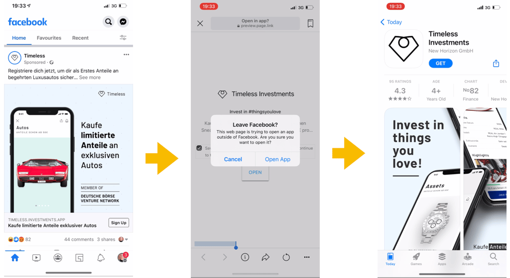 Facebook mobile web app store flow